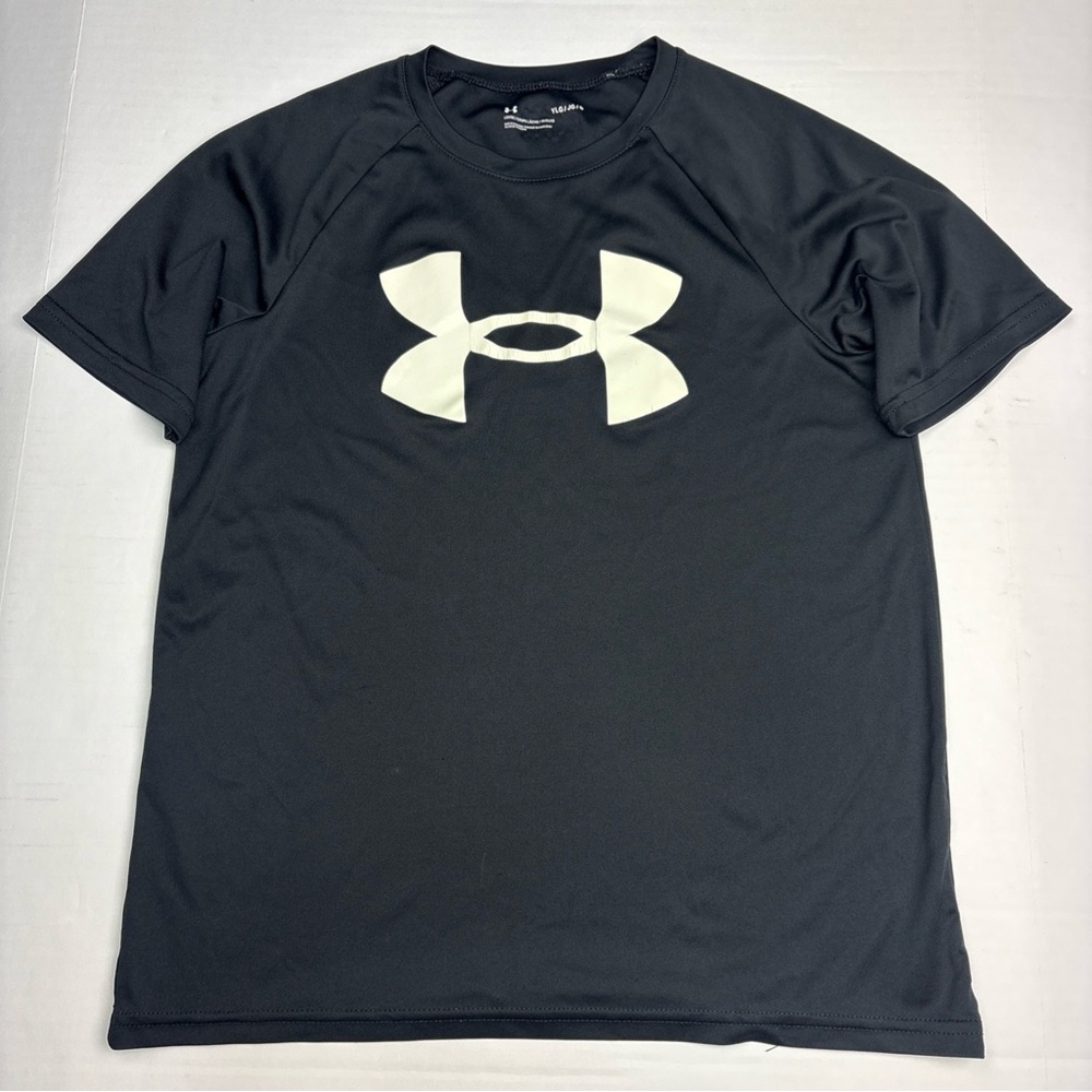 Under Armour Boys Youth Large T-Shirt Black White Logo Short Sleeve Polyester